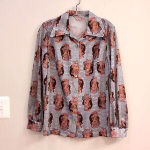 H BAR C Vintage Horse Print Cowgirl Rancher Pearl Button Long Sleeve Shirt Sz 34